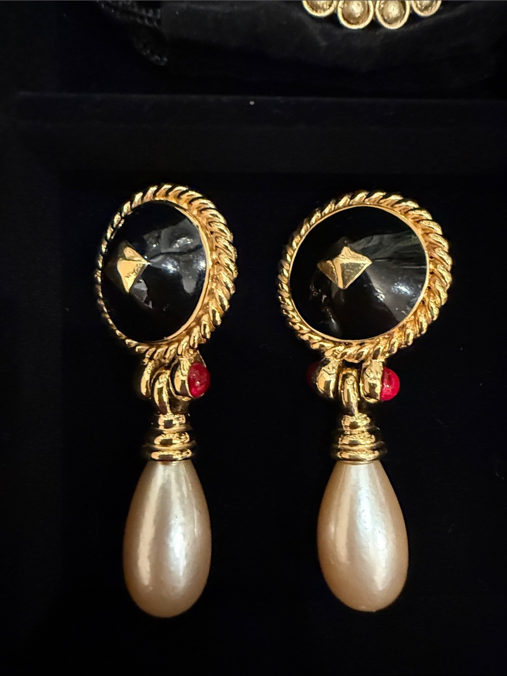 Ciner Gold-Tone Black, Red & Cream Drop Earrings with Pearl Teardrops